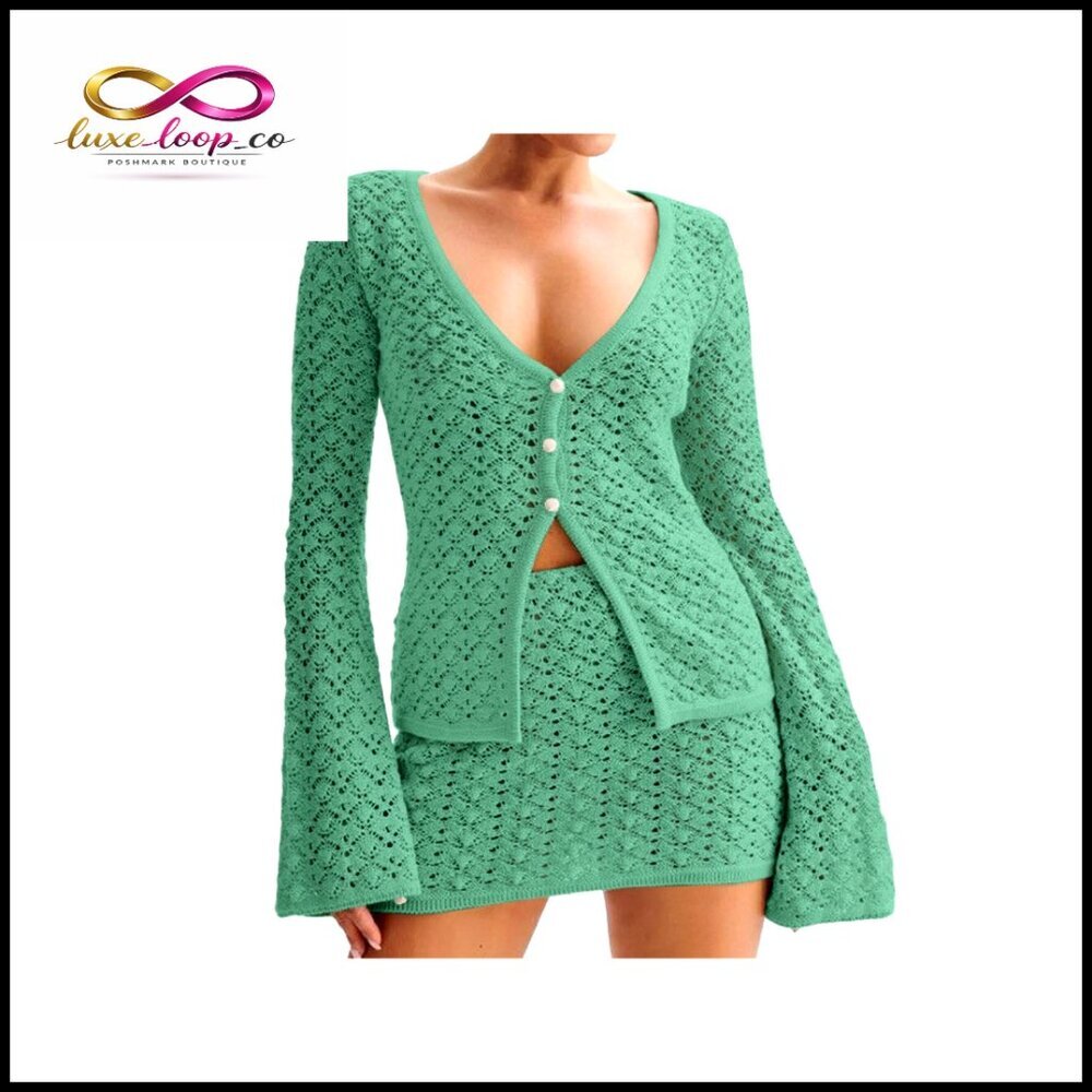 Large Crochet 2-Piece Cover-Up Set, Long Sleeve Button Top & Mini Skirt